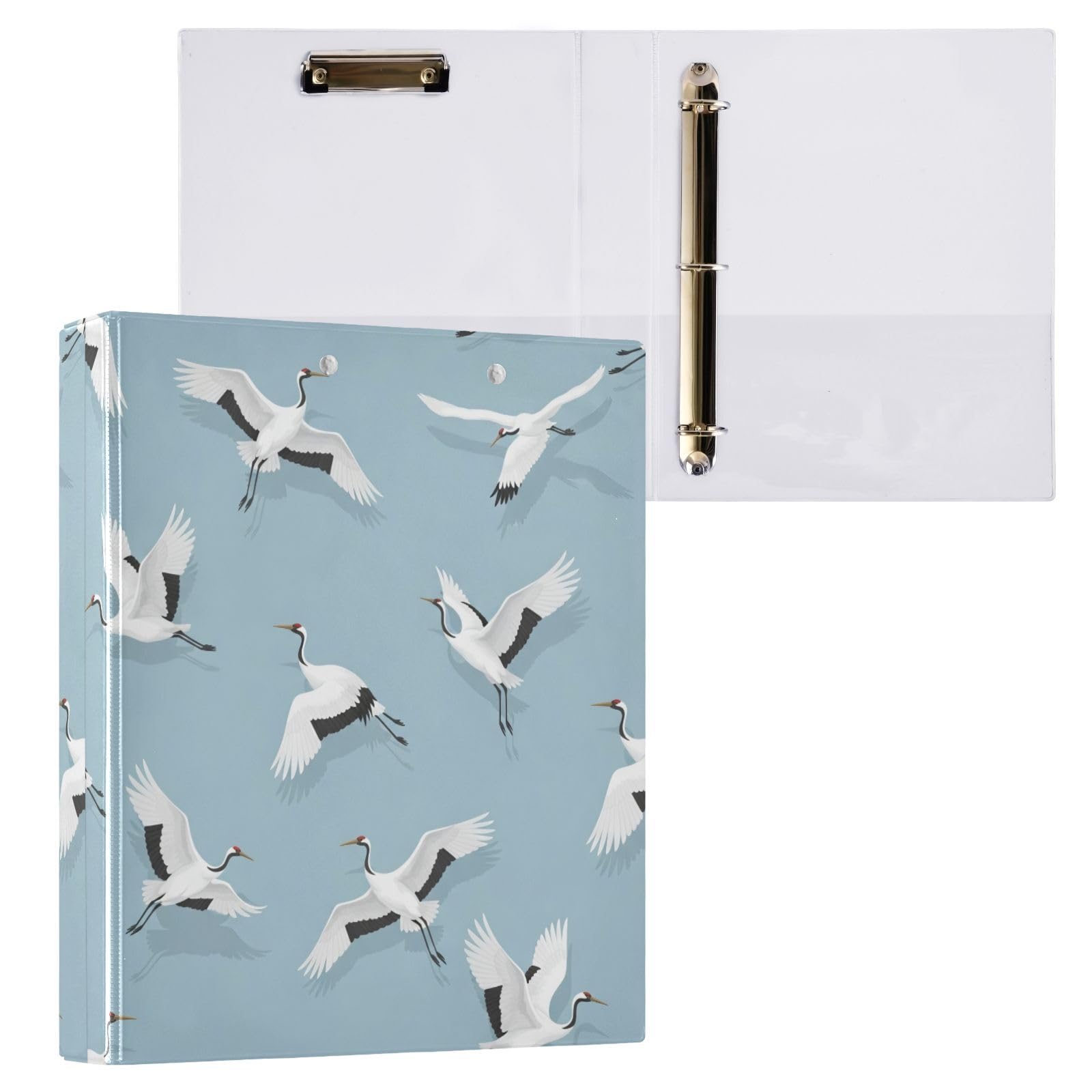 Carpeta de 3 anillos, elegante carpeta de anillos en D de pájaros, color blanco y azul, paquete de 2 | Con portapapeles y bolsillos, para escuela, universidad, oficina