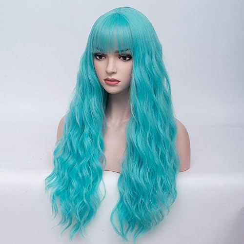 Miniatura 4 de BERON Peluca azul claro de 27 pulgadas, peluca larga y rizada azul con flequillo, peluca azul cielo para mujer, peluca sintética ondulada resistente