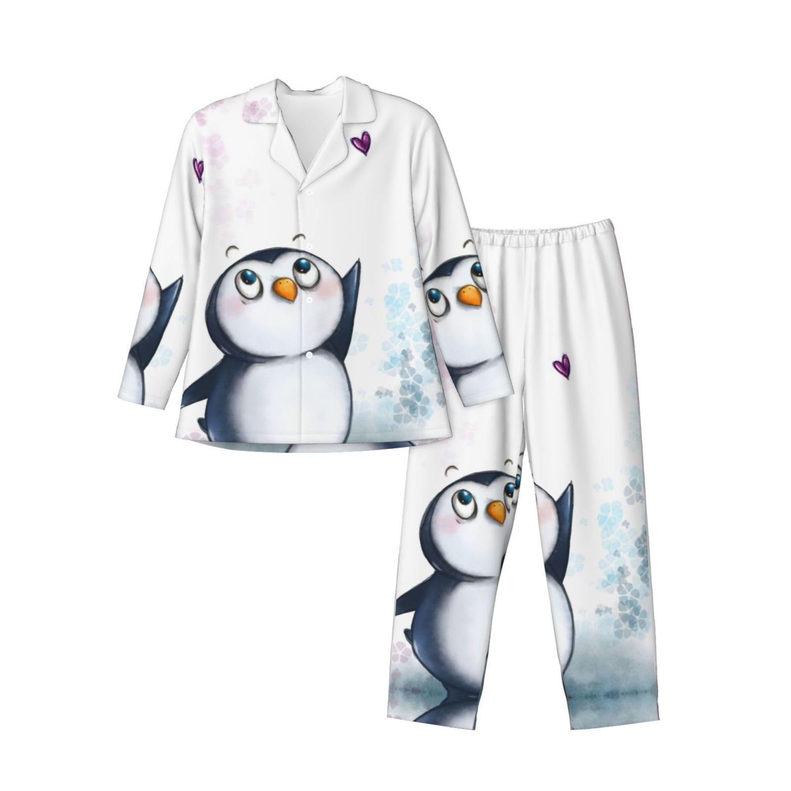 Męska piżama z nadrukiem "I Love Penguins", miękka piżama z długim rękawem dla mężczyzn zapinana na guziki bielizna nocna salon piżamy zestaw z kieszeniami
