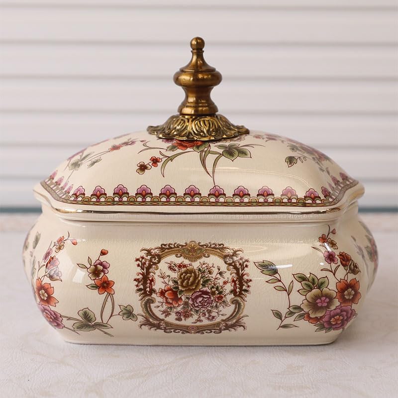 Słoik ceramiczny w stylu vintage z pokrywką ze stopu na przekąski, biżuterię i klucze, europejski pojemnik dekoracyjny kwiatowym wzorem do salonu toaletki, 22 x 18 cm