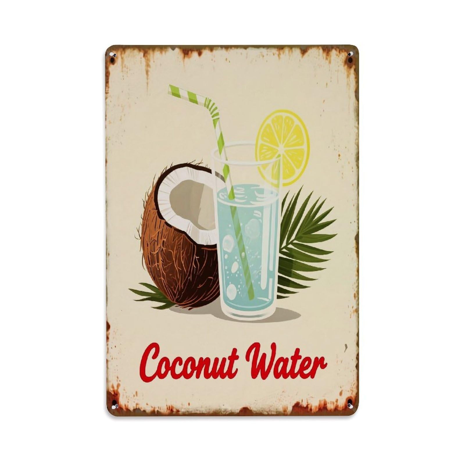 Jdfenggu Vintage Coconut Water Glass Lemon Straws Retro Metal Tin Sign, Decor Art Poster For Bar, Home, Man Cave, Kitchen, Laundry Room Gift 8X12inch
