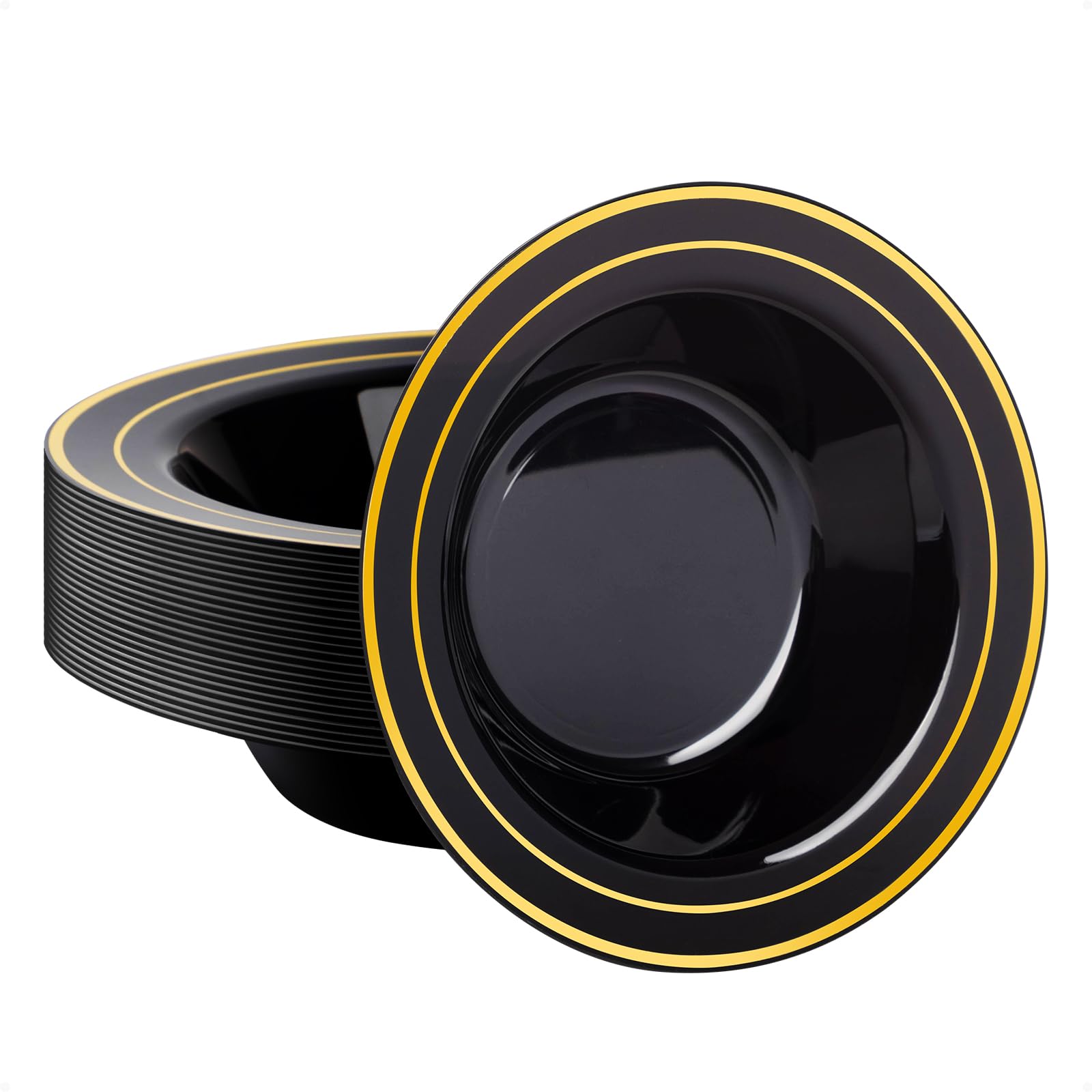 Goodluck 25 Pack Black Plastic Bowls with Gold Rim, 12oz Disposable Soup Bowls, Heavy Duty Dessert Bowls for Weddings, Parties, Dinners, Catering, and Everyday Use