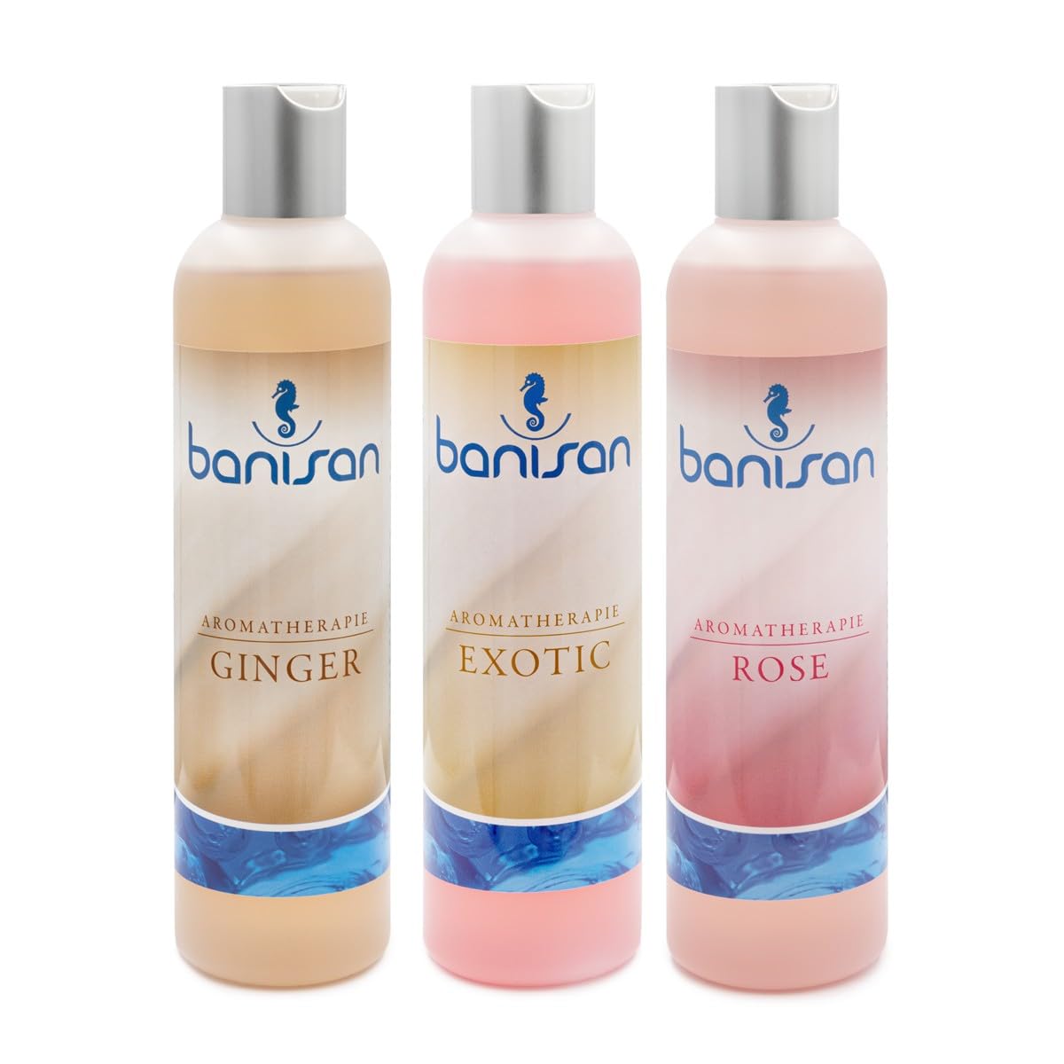 3er Set Badezusätze Ginger, Rose, Exotic, Aromatherapie 3x 250 ml, ergiebig, nicht schäumende Rezeptur, speziell für Whirlpools, perfektes Geschenk zu jedem Anlass, verwöhnt die Sinne