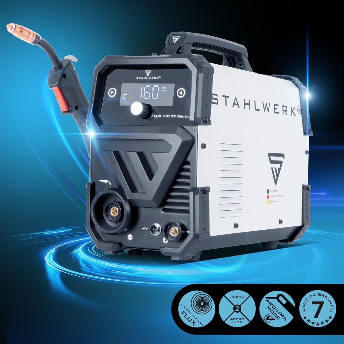 STAHLWERK Soldadora FLUX 160 ST Digital – combinada 3 en 1 con 160 A | Equipo completo con carro