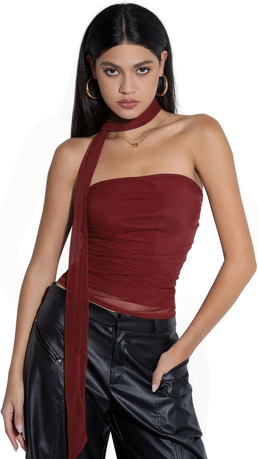 SUUKSESS Women Ruched Strapless Mesh Tube Top Y2k Sleeveless Bandeau Tank Tops with Scarf 2025 - Image 2