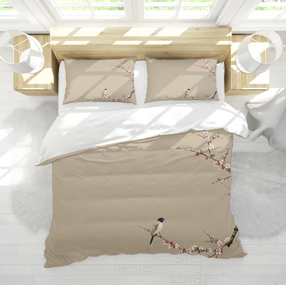 Housse de couette respirante prune et motif oiseau traditionnel