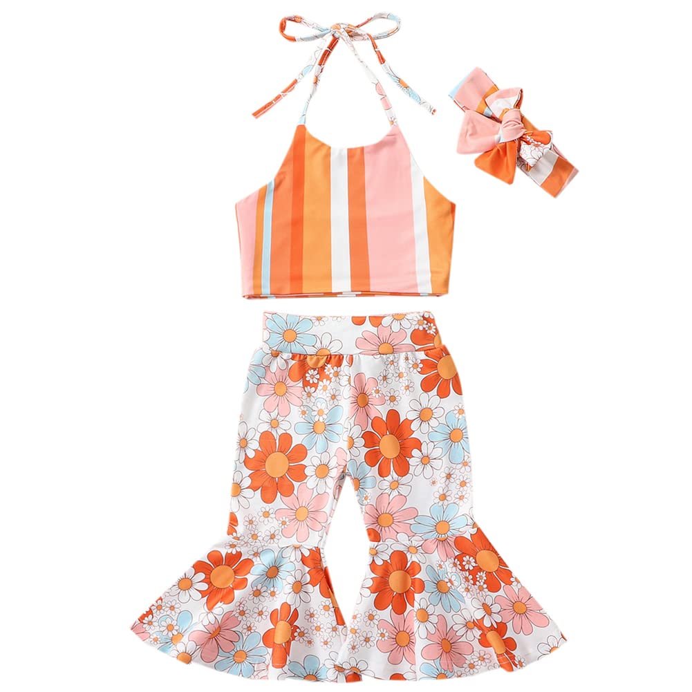 Pudcoco Toddler Baby Girls Groovy Flower Retro 70s Halter Top and Bell Bottom Pants Outfit Set Birthday Clothes