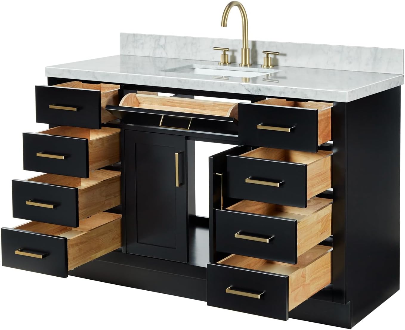 ARIEL Hepburn 54-inch Bathroom Vanity with Sink,Solid Wood, 1.5-inch Italian Carrara Marble Countertop, Single Rectangular Porcelain Sink, 2 Soft Closing Doors, 9 Dovetail Drawers, Black