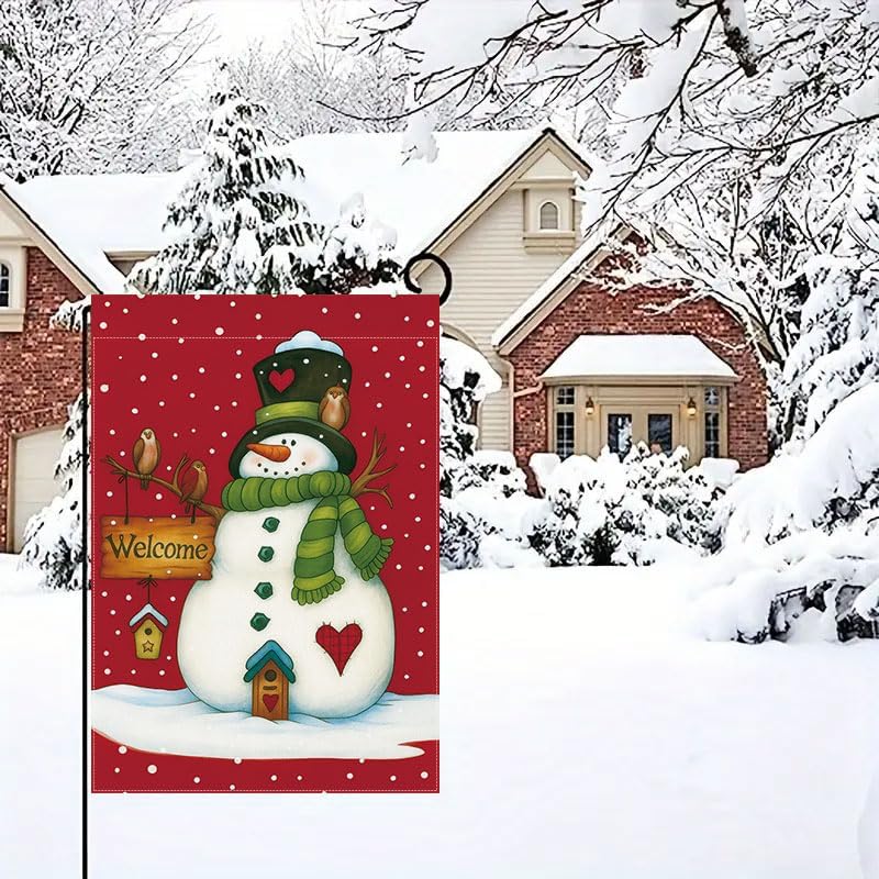 Christmas Snowman Garden Flag 12x18 Inch Winter Holiday Yard Outdoor Decorations with Birds, Welcome Sign & Snowflakes, outdoor flags - Image 7