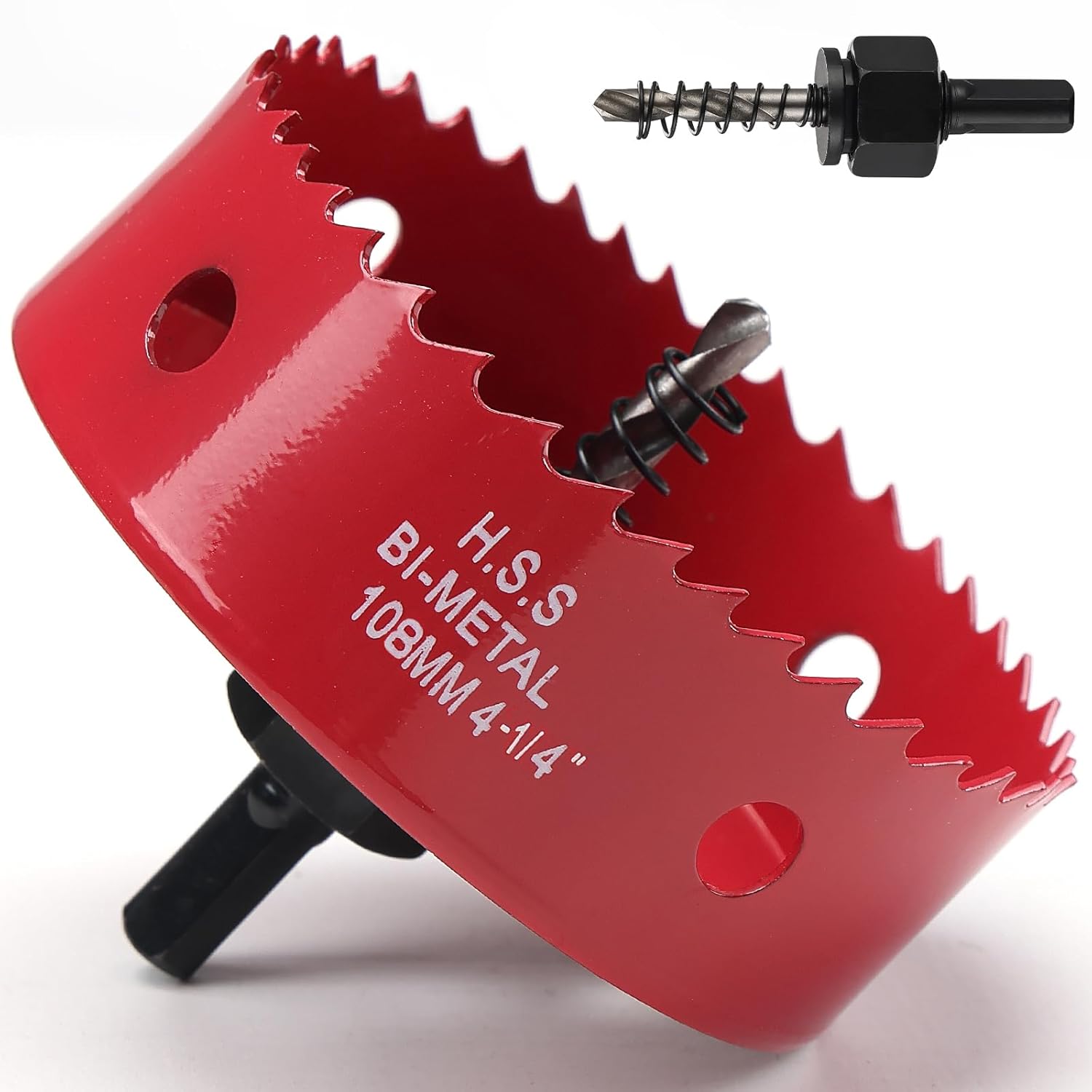 4-1/4 Inch Hole Saw for Wood, 108mm HSS BI-Metal Hole Saw for Recessed Lighting, 35mm Cutting Depth Hole Cutter with Hex Shank Drill Bit Adapter for Cornhole Boards Plastic Drywall Fiberboard, Red - Amazon product rated Grade B