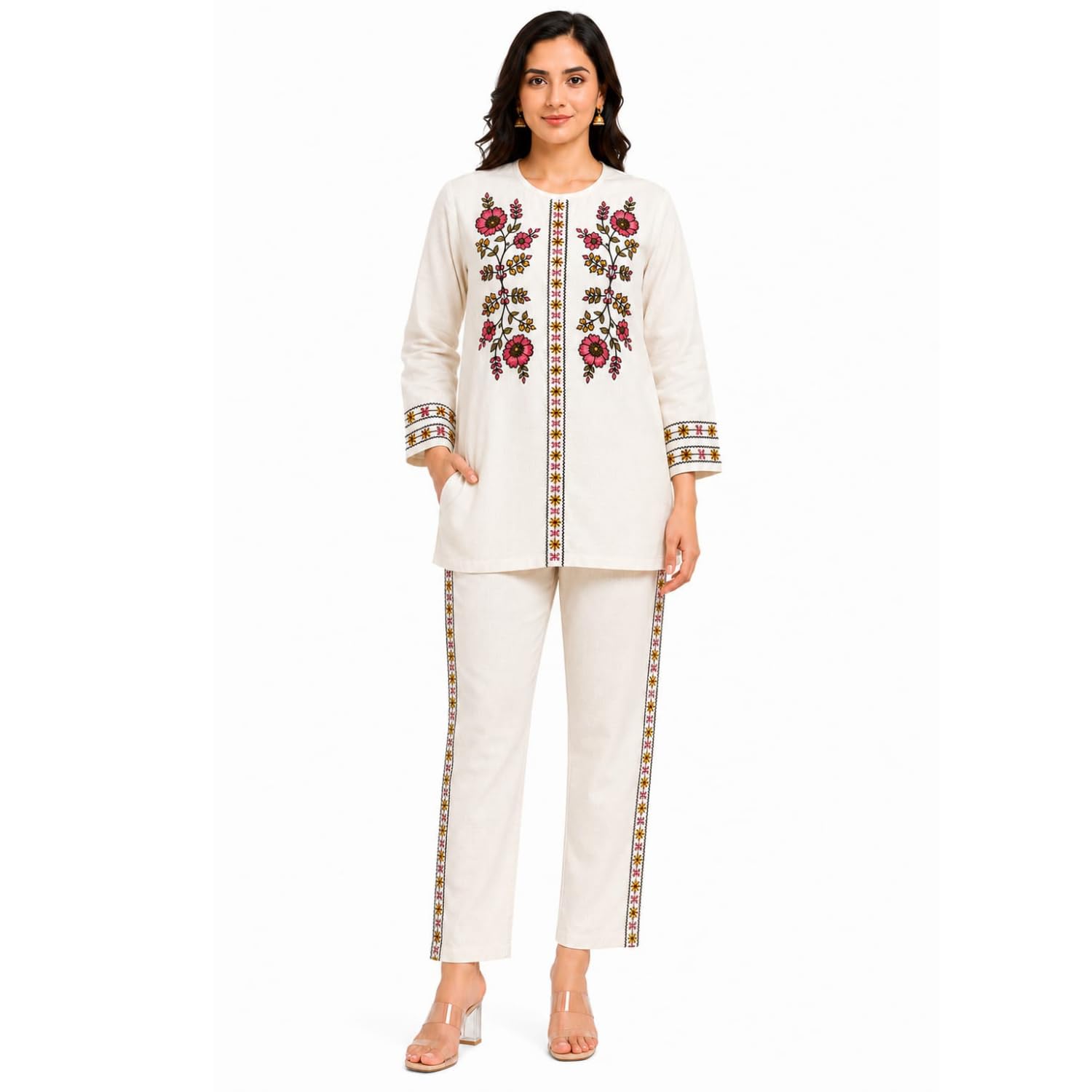 vemes Women's Pure Cotton Embroidered Straight Co-Ord Set | Regular Fit Shirt & Pant Set | Full Sleeve | Round Neck | Two Piece Cotton Outfit | Casual Office Daily Wear-picture-55