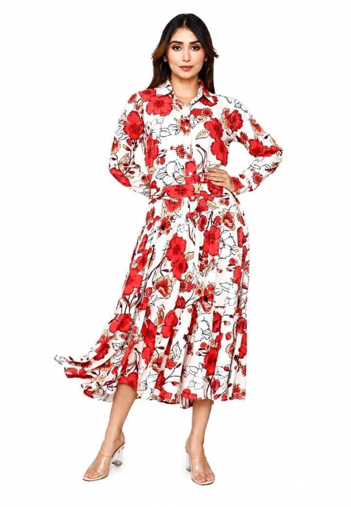 Women's Floral Printed Shirt Dress | A-Line Midi Dress with Belt | Full Sleeve | Collared Neck | Casual Cream Red| M-picture-41