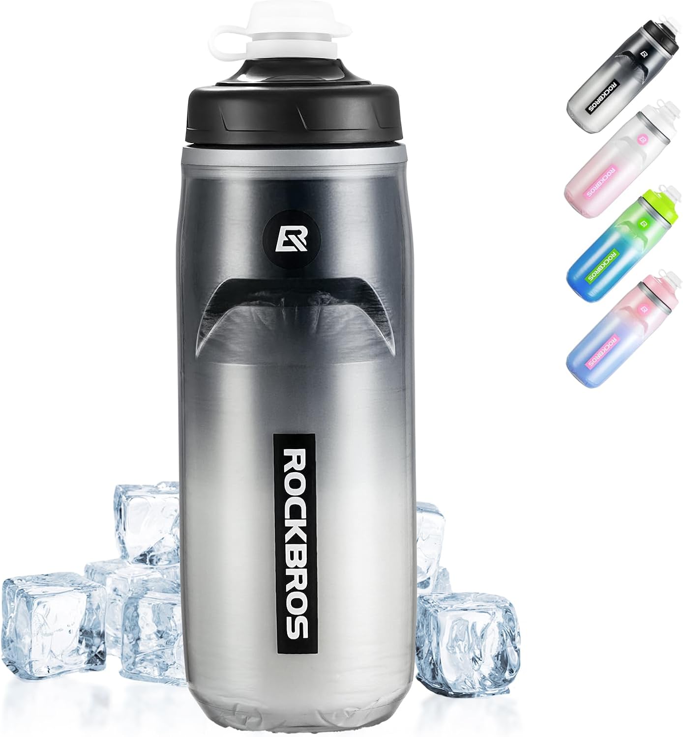 ROCKBROS Insulated Bike Water Bottle 21oz BPA-Free Squeeze-Style Sports Water Bottle with Lightweight Leak-Proof Design for Cycling, Camping,Gym, Hiking Black gradient