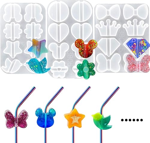 3 piezas de moldes de paja para fundición de resina epoxi, corona, diamante, corazón, formas de flores para adornos de paja de 0.315 pulgadas en