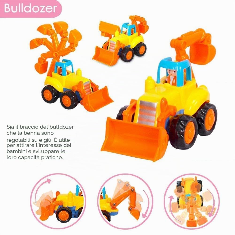 GoStock Auto Giocattoli Spingi e Vai in Auto Giocattoli di Veicoli di Costruzione Camion per Bambini Regalo per Bambino 1 2 3 Anni (Set di 4 elementi - Trattore, Bulldozer, Camion Betoniera, Dumper)