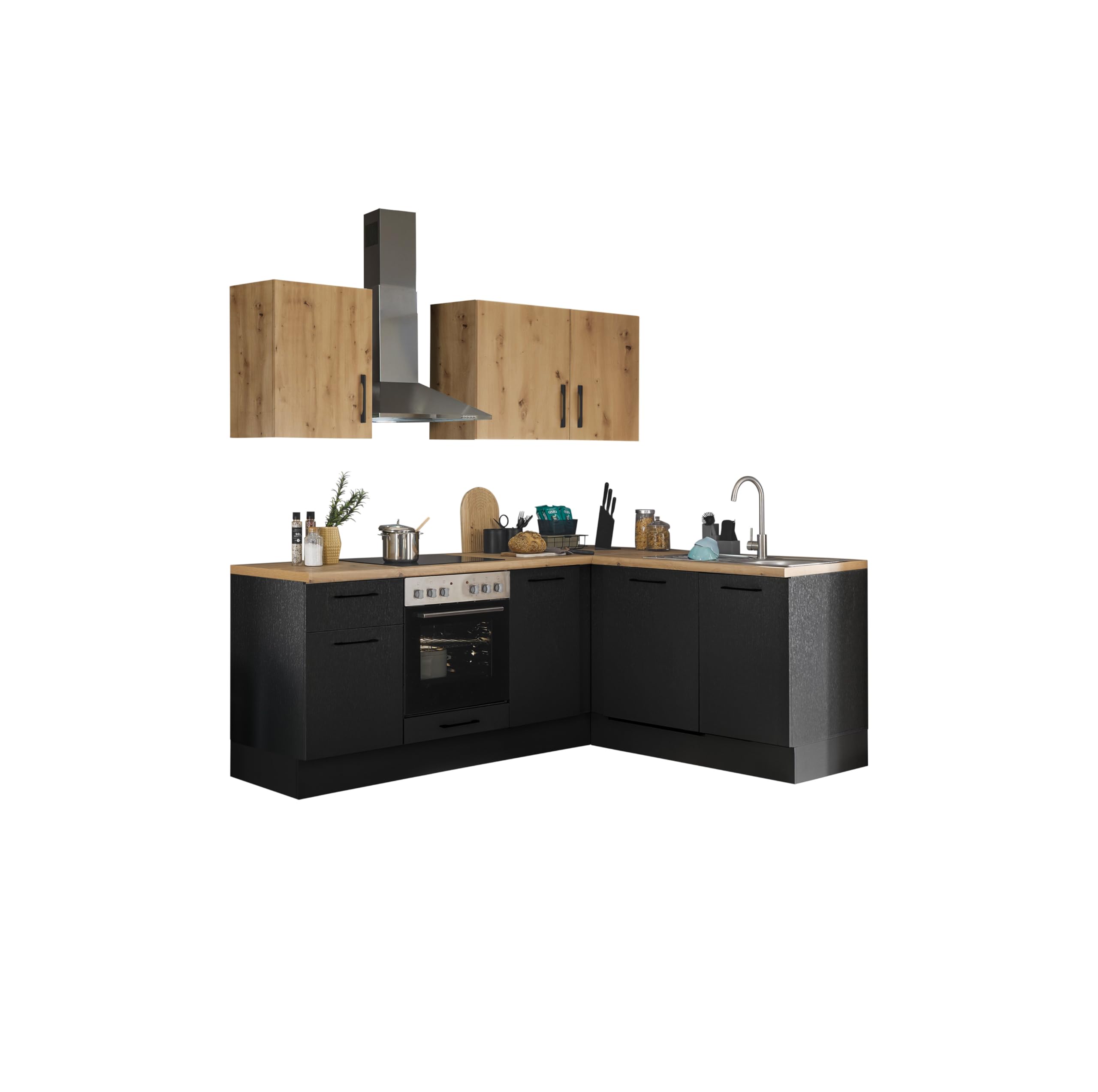 Turin L Eckküche 220 x 211 x 60 cm, schwarz - Basic Küchengeräte - Moderne, geräumige Küche in Artisan-Eiche Optik mit viel Stauraum