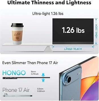 HONGO Portable Monitor 15.6'', Laptop screen extender, 1080P FHD Plug&Play Travel Laptop Monitor w, Foldable Stand, USB-C HDMI Portable Game External Screen for PC Mobile Phone PS4 PS5 Xbox Series X S