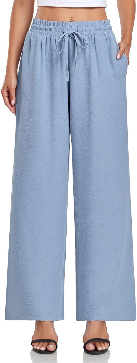 Women's Casual Pants Loose Fit Palazzo Pant Elastic Waist Drawstring Tie Knot Trousers with Pockets - Image 3