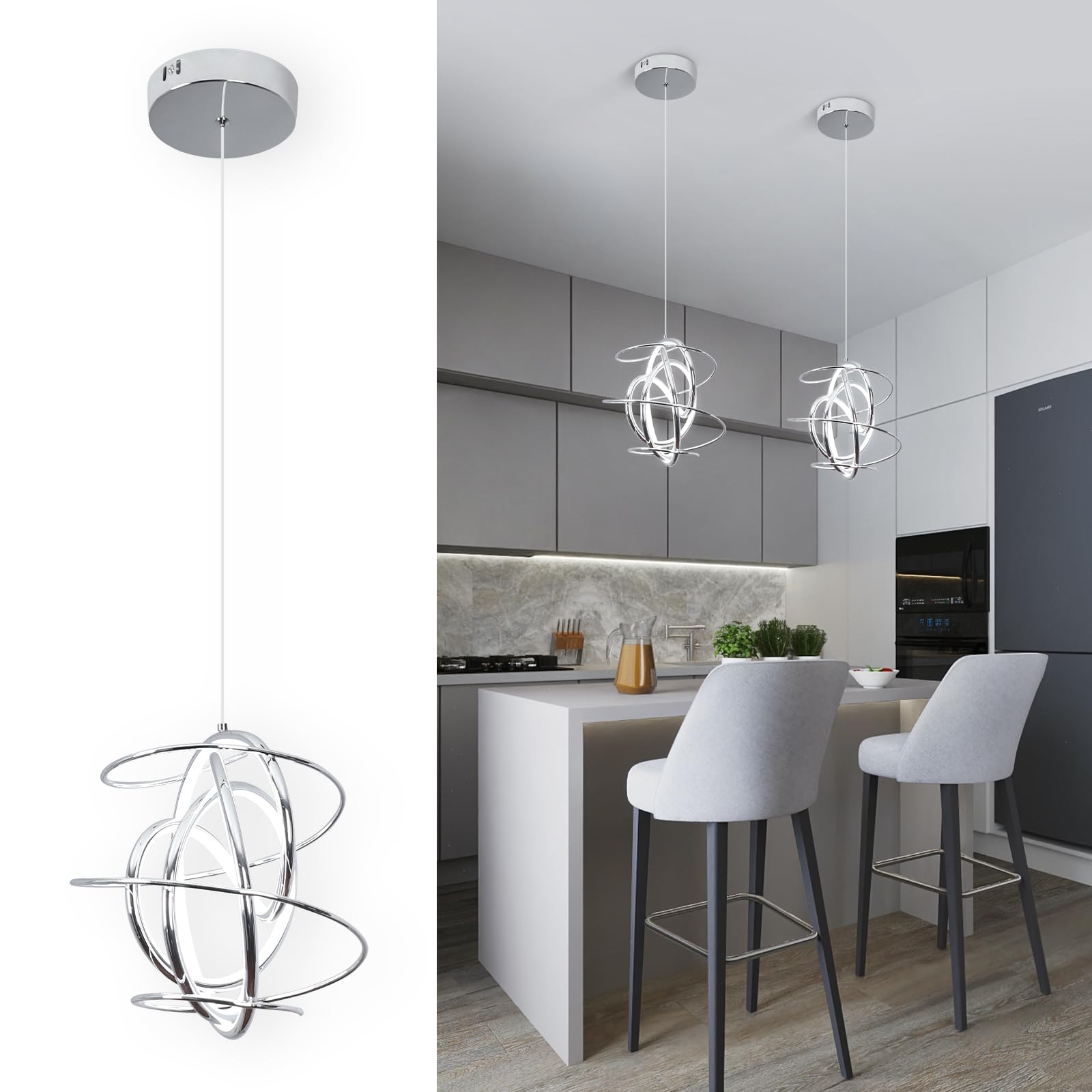 Modern LED Pendant Light Fixture, 5500K Chrome LED Pendant Light Kitchen Island, Adjustable Height Kitchen Pendant Lighting Over Island for Kitchen Dining Room Hanging Light Fixture
