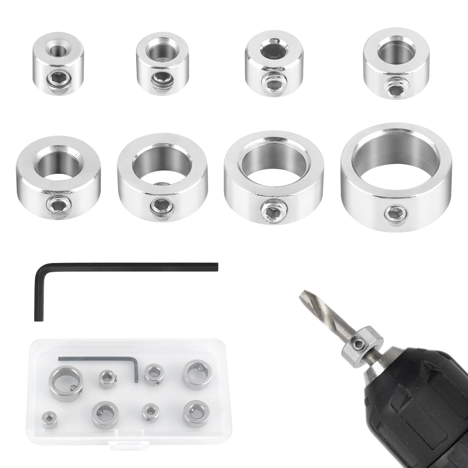 8 Stück Tiefenanschlag für Bohrer, Tiefenanschlagringe Set mit Sechskantschlüssel, 3/4/5/6/8/10/12/16mm Tiefenstopp für Bohrer, Bohrtiefenbegrenzer für Bohrer Holzbearbeitung