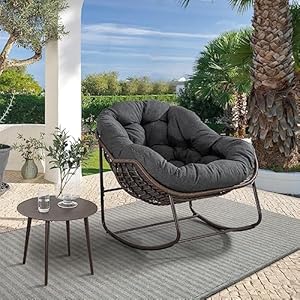 Outdoor Rocking Chair, Patio Oversized Wicker Egg Rocking Chair, Indoor & Outdoor Comfy Rocker Chair with Thick Cushion, Modern Lounge Chair for Balcony, Front Porch, Garden, Backyard, Deck, Grey Outdoor Rocking Chair Patio Oversized Wicker Egg Rocking Chair Indoor Outdoor Comfy Rocker Chair with Thick Cushion Modern Lounge Chair for Balcony Front Porch Garden Backyard Deck Grey