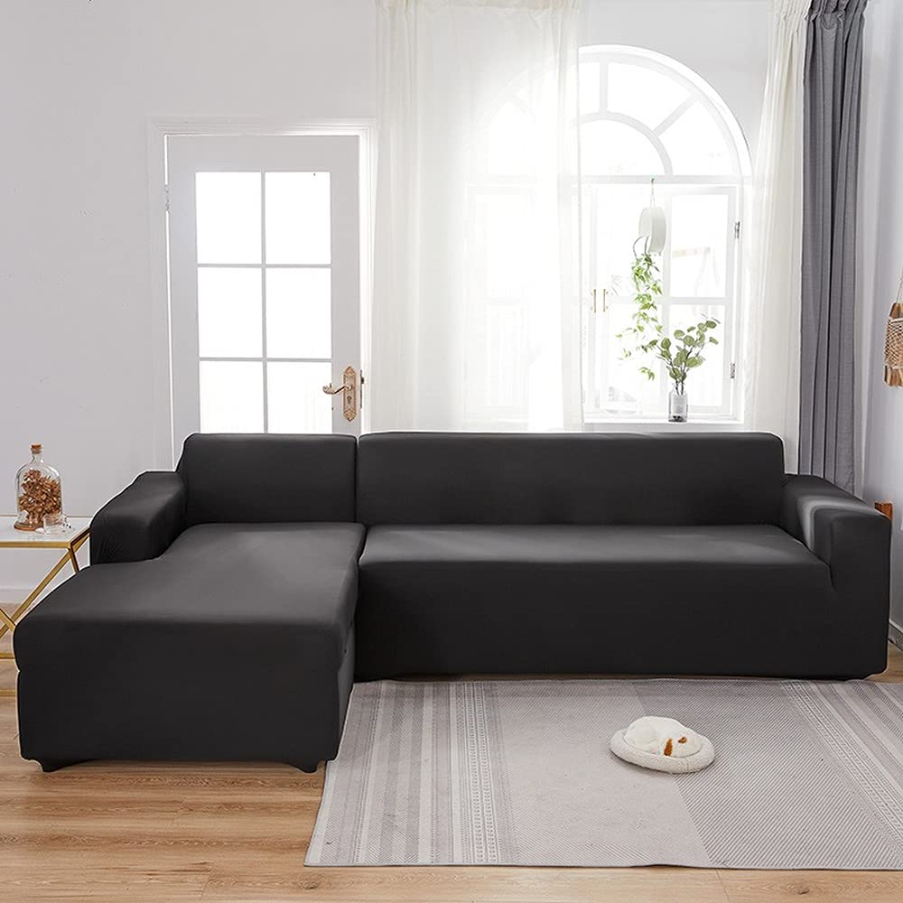 Copridivano con penisola Impermeabile, Copridivano angolare Elasticizzato a Forma di L Tinta Unita Tessuto in Microfibra, Antiscivolo Universale all-Inclusive (Black,3 Seater And 2 Seater)