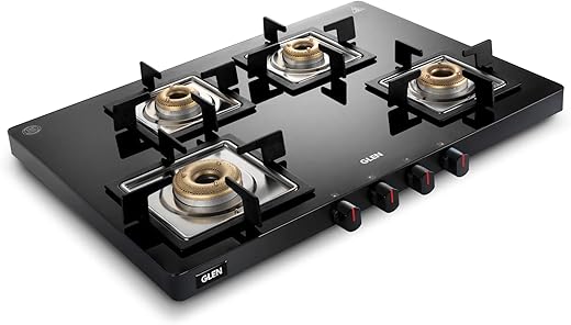 Glen 4 Burner Ultra Slim Glass PNG Gas Stove | Black | 1 High Flame 3 Forged Brass Burners | Revolving Inlet Nozzle | 2-Year Warranty On Product By…