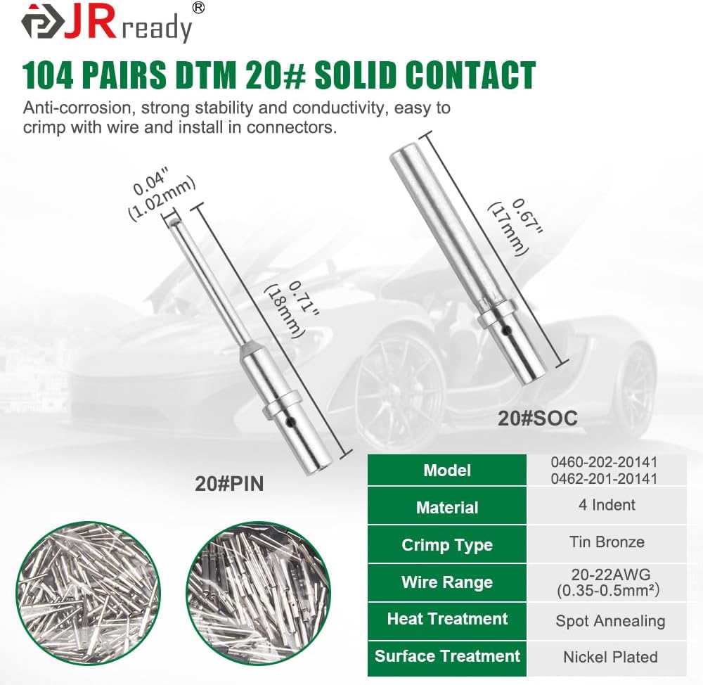 JRready ST6360 Deutsch DTM Connector Crimping Tool Kit, Deutsch Crimp Tool and 2 3 4 6 8 12 Pin Connectors With Solid Contact,Size 20 Solid Terminal 20-22AWG For Automotive Connectors