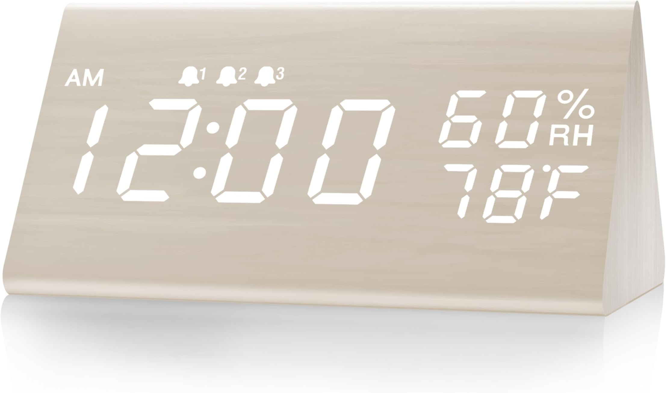 Digital Alarm Clock, with Wooden Electronic LED Time Display, 3 Alarm Settings, Humidity & Temperature Detect, Wood Made Electric Clocks for Bedroom, Bedside, Desk, White