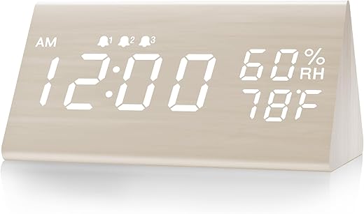 Digital Alarm Clock, with Wooden Electronic LED Time Display, 3 Alarm Settings, Humidity & review
