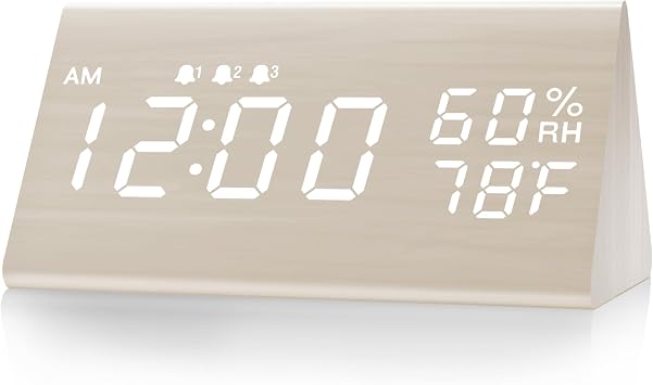 JALL Wooden Digital Alarm Clock for Bedrooms and Office, 3 Alarms with Big Digits, Humidity and Temperature Display, 6-Level Dimmer, Snooze, Loud Desk Clock for Heavy Sleepers, Plug in White