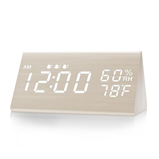 Digital Alarm Clock, with Wooden Electronic LED Time Display, 3 Alarm Settings, Humidity & product