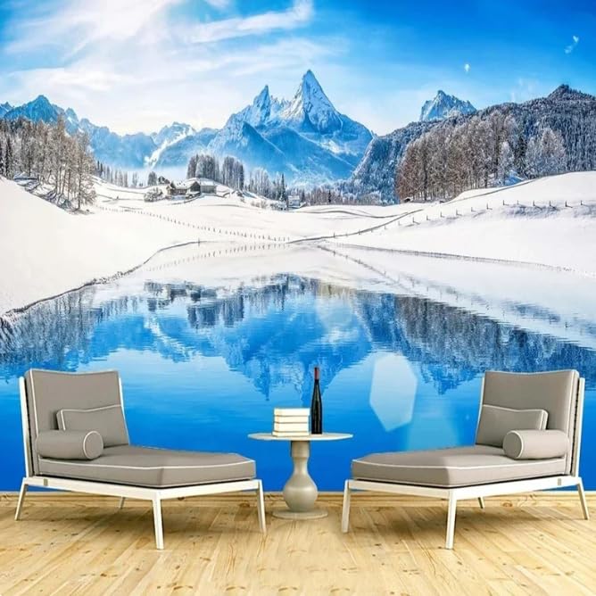 Paysage 3D Photo Murale Bleu Montagne Neige pour Agrandir Grand Salon et Bureau