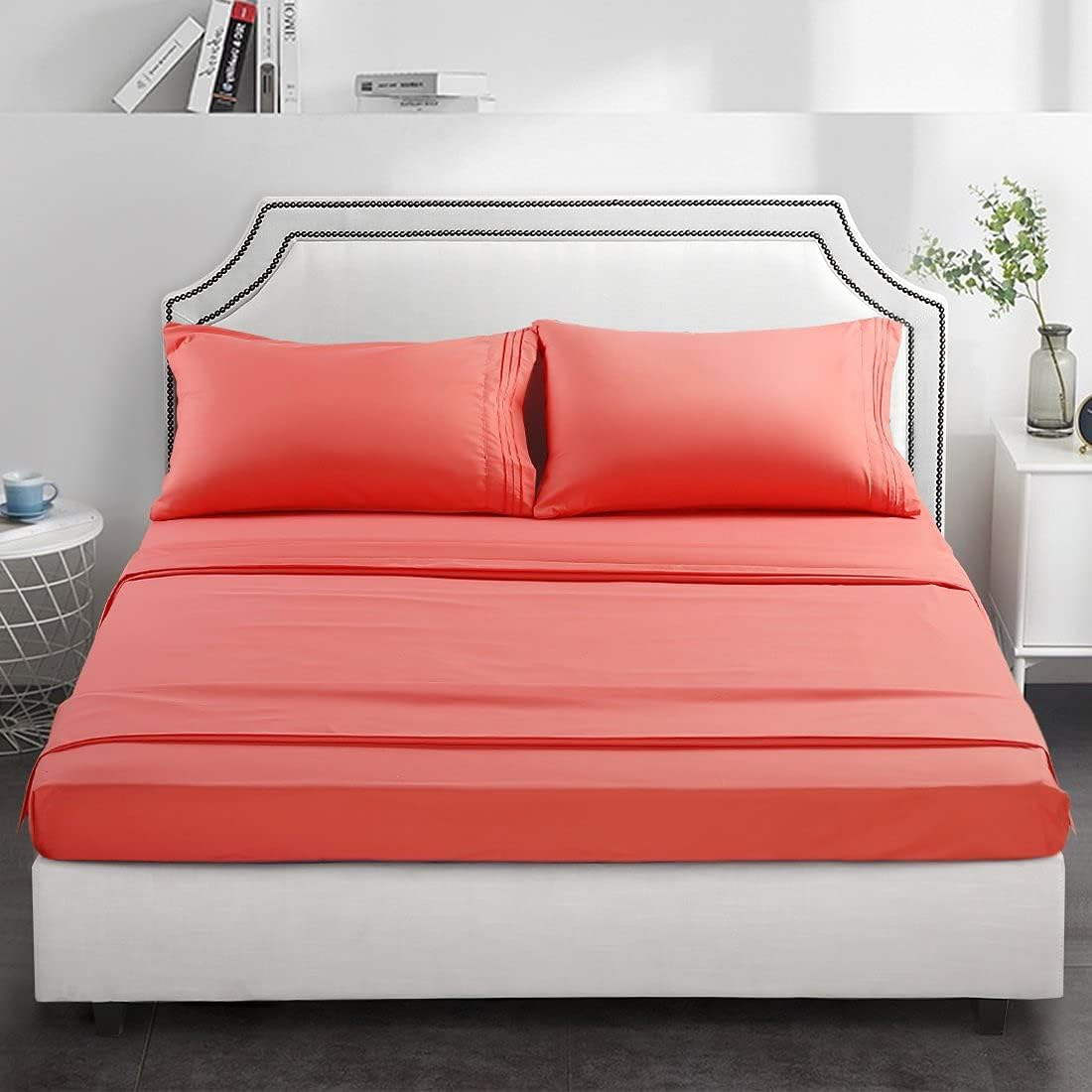 TEKAMON Premium 4 Piece Bed Sheet Set 1800TC Bedding 100% Microfiber Polyester - Super Soft, Warm, Breathable, Cooling, Wrinkle Free - 10-16" Extra Deep Pockets, Queen, Coral