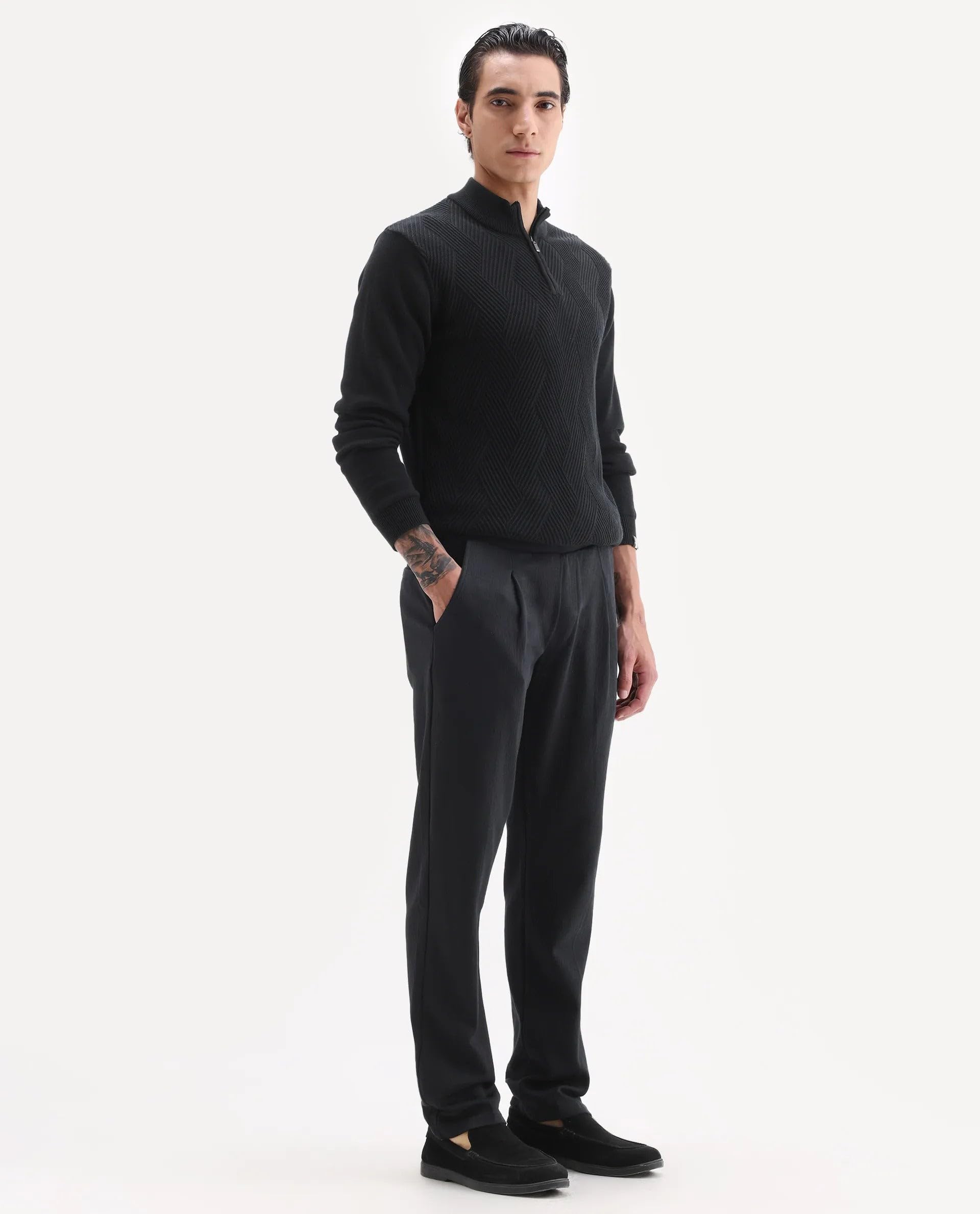Rare Rabbit Men's Kelo Black Cotton Blend Plain Regular Fit Trouser 2