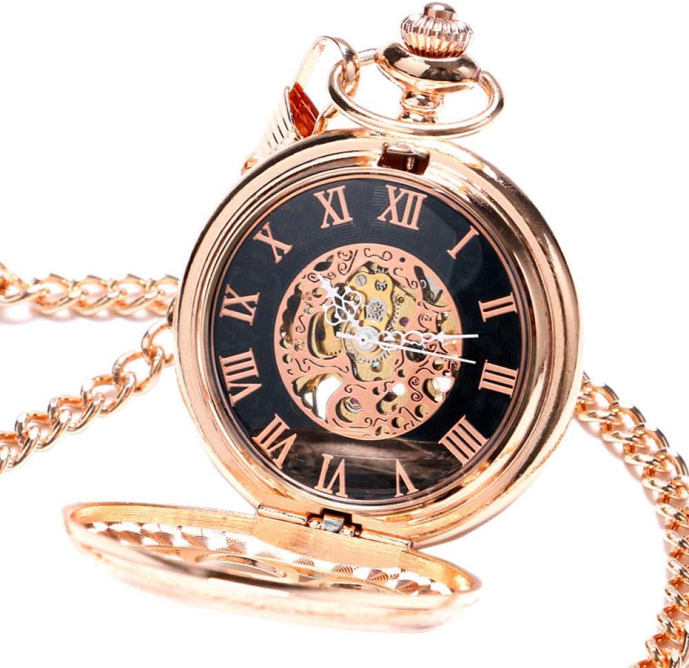 OIFMKC Pocket Watch Vintage Rose Gold Pocket Watch Roman Numbers Hollow Skeleton Mechanical Fob Clock Men Women Luxury Gift
