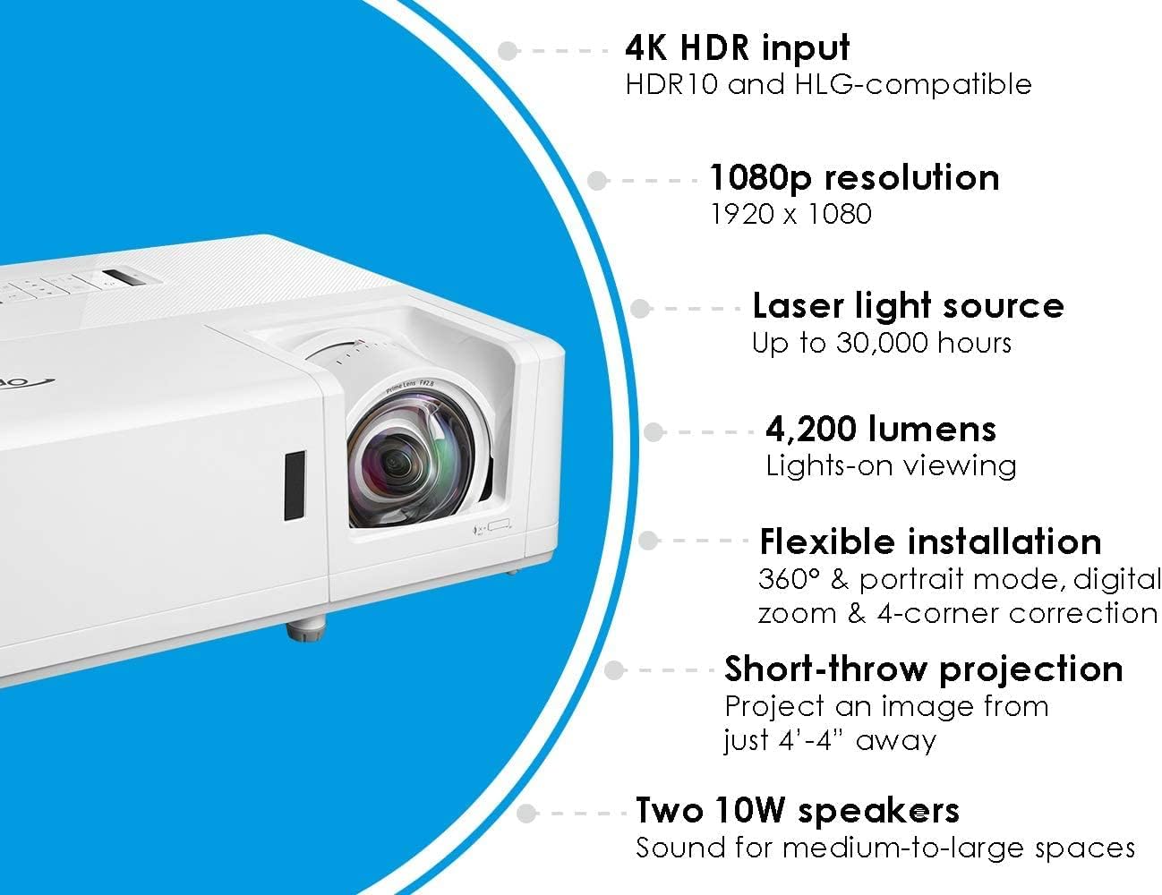 Optoma ZH406STx Short Throw Full HD Professional Laser Projector | DuraCore Laser Technology | High Bright 4,200 Lumens | 4K HDR Input | Four Corner Image Adjustment | Network Compatible Optoma ZH406STx Short Throw Full HD Professional Laser Projector | DuraCore Laser Technology | High Bright 4,200 Lumens | 4K HDR Input | Four Corner Image Adjustment | Network Compatible
