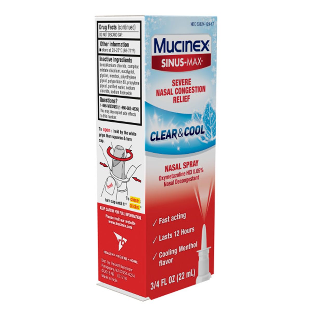 Mucinex Sinus Max Clear & Cool Nasal Decongestant Spray, Cooling Menthol Flavor, 0.75 fl oz, Fast Acting Medicine That Lasts 12 Hours, Relieves Sinus Pressure and Nasal Congestion