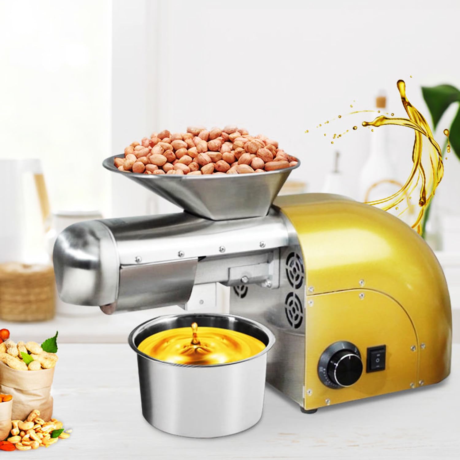 MYUYEE 1800W Oil Press Machine Commercial Hot And Cold Oil Presser For Coconut Peanut Sunflower Walnut Beans Sesame Seeds 24H Continuous Work (Gold)