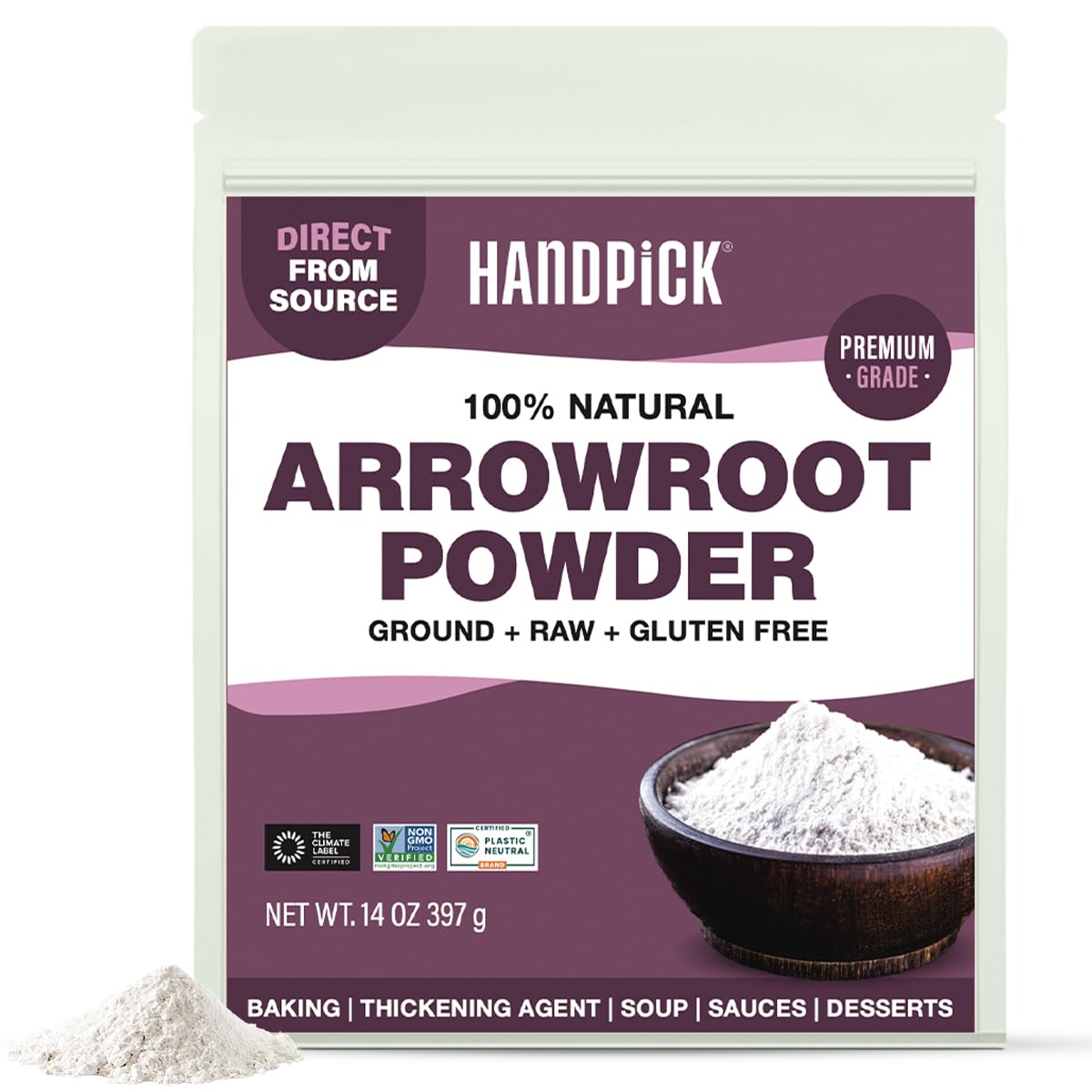 Arrowroot Powder (397g/14oz) Natural Thickener, Fine Ground | Wheat Flour Substitute | Non GMO, Gluten Free, Dairy Free | Neutral Flavor, Ideal for Baking/Cooking | Resealable Ziplock Pouch
