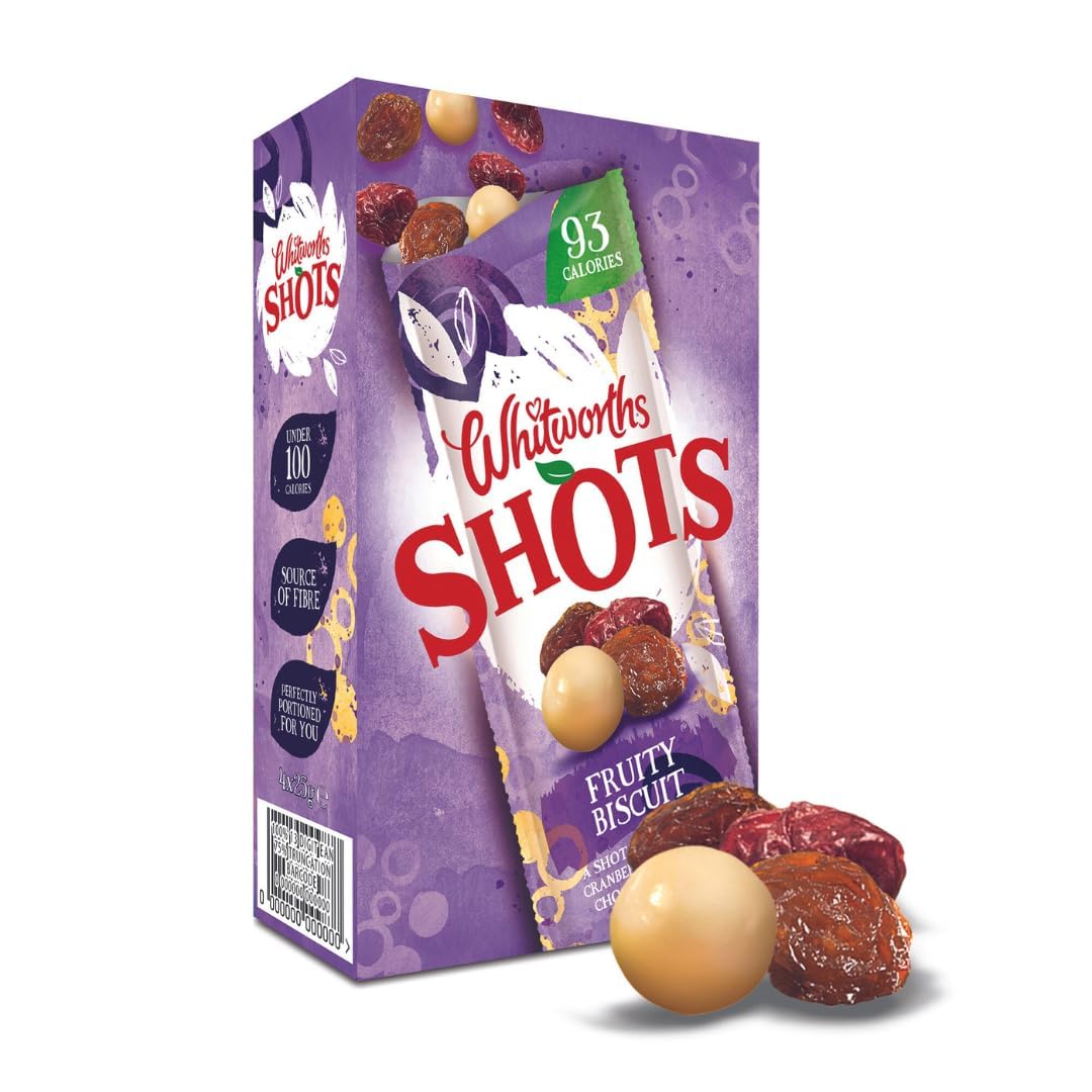 Whitworths Shots Fruity Biscuit | 36 X 25g | Yummy Fruit Snacks | Vegetarian Trail Mix, GMO-Free, Low Calorie Snack (Under 100 Calories)