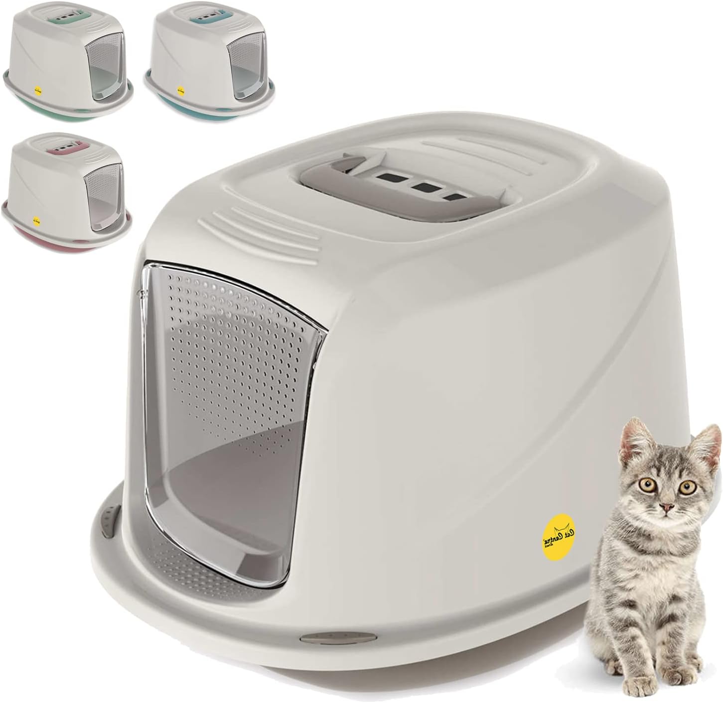 Medium Grey Cat Hooded Litter Tray Extra Deep Kittens Small Cats Toilet Enclosed Box Pan Loo Filter Flap Door Detachable Rim Rounded Corners Safe Durable Galaxy Carry Handle