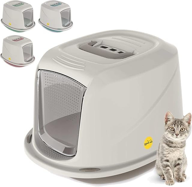 CAT CENTRE Medium Grey Cat Hooded Litter Tray Extra Deep Kittens Small Cats Toilet Enclosed Box Pan Loo Filter Flap Door Detachable Rim Rounded Corners Safe Durable Galaxy Carry Handle
