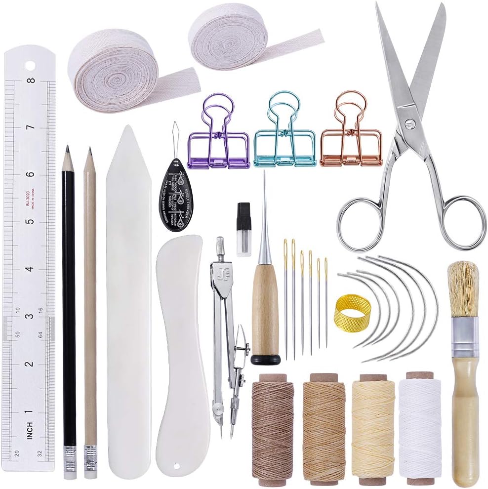 BUTUZE MIUSIE 32 Pieces Hand Bookbinding Tools,Practical Bookbinding Kit for Beginners,Complete Bookbinding Tool Kit with Bookbinding Waxed Thread,Bookbinding Needles for Paper Bookbinding