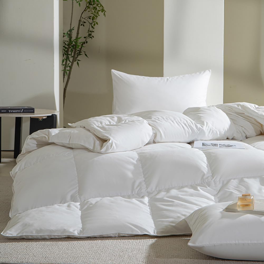 Goose Feather Down Fiber Comforter Queen Size, All Season Medium Warmth, White Waterproof Duvet Insert, Hotel Collection Hypoallergenic Bedding, 90"x90"