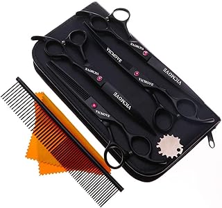 VICMOVE PET Professional PET Dog Grooming Coated Titanium Scissors Suit Cutting&Curved&Thinning Shears (7.0 inches, Black)