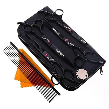 VICMOVE PET Professional PET Dog Grooming Coated Titanium Scissors Suit Cutting&Curved&Thinning Shears (7.0 inches, Black)