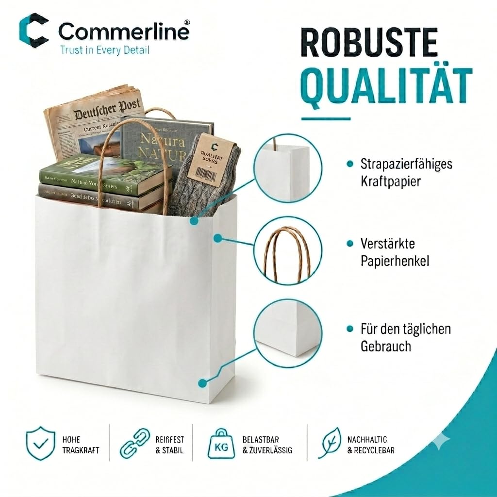 Commerline 100 Stück Weiß Papiertüten mit Henkel, 45+17x48 cm Kraftpapier Tüten mit Kordelgriff, Papiertragetaschen für Einkaufen und Verpackung, Geschenktüten Kindergeburtstag, Partys, DIY