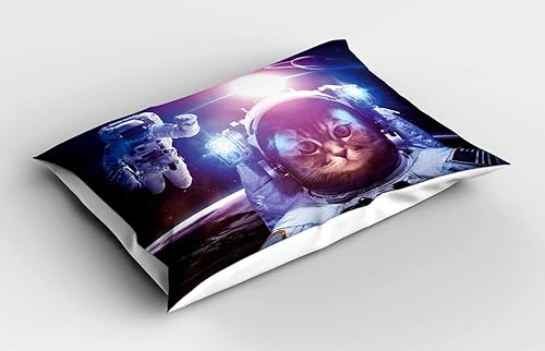 Miniatura 2 de Ambesonne Funda de almohada de gato espacial, astronautas en nebulosa galaxia con eclipse en planetas Saturno, funda de almohada decorativa de