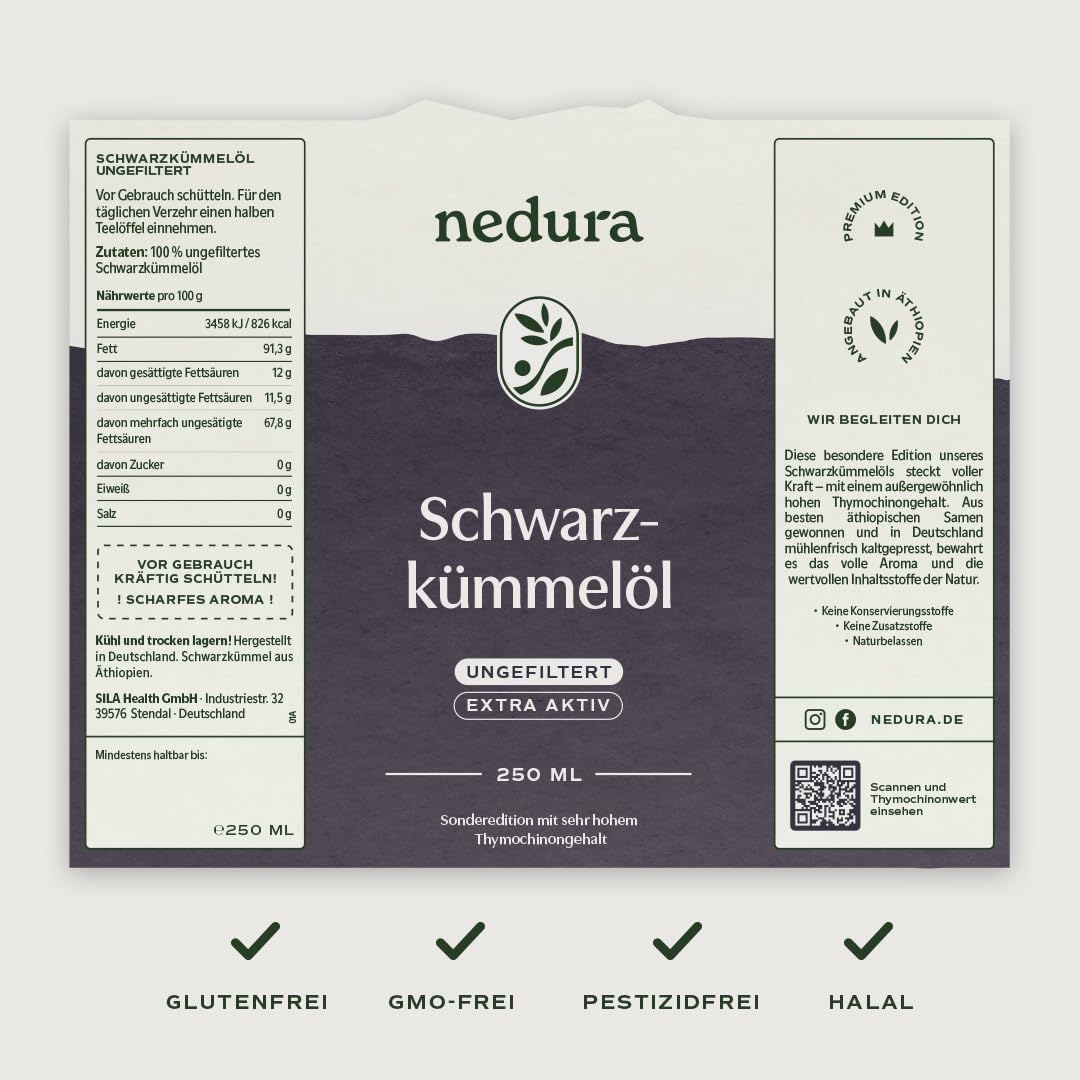 nedura® Schwarzkümmelöl extra aktiv (ungefiltert) 250ml – Extra hoher Thymochinongehalt, 100% rein - frisch und scharf - In Deutschland kaltgepresst aus äthiopischem Schwarzkümmel